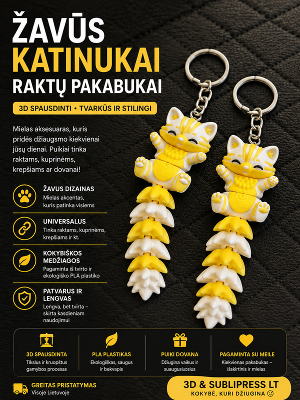Lankstus katinuko raktų pakabukas – 3D spausdintas