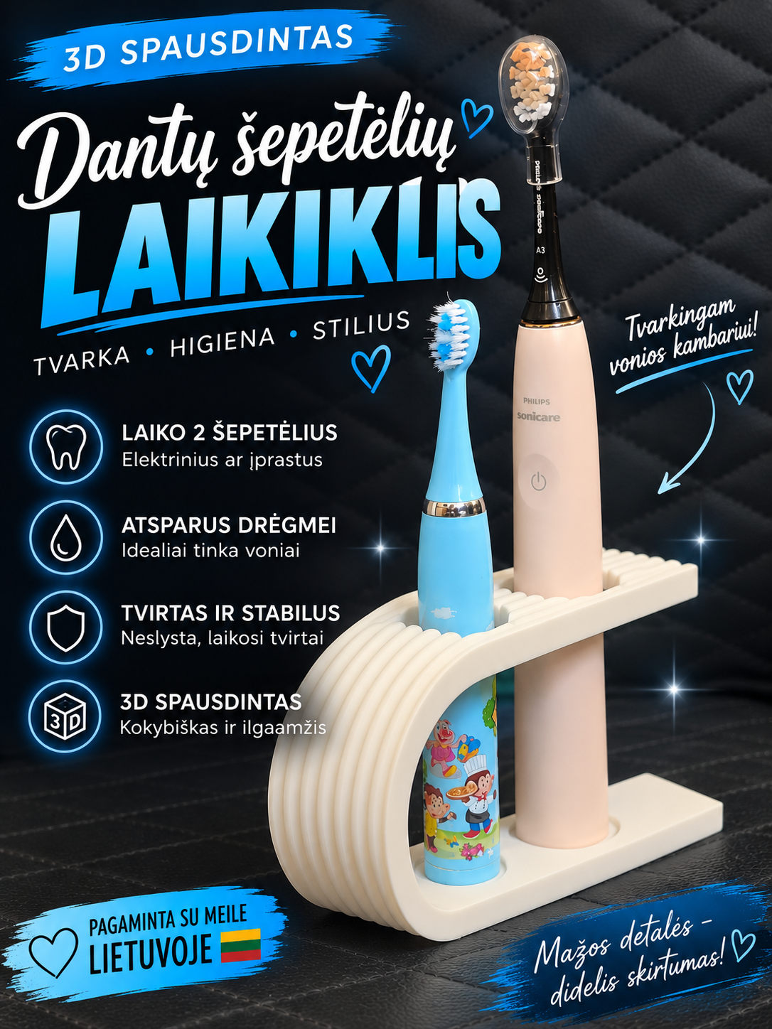 🦷 Universalus dantų šepetėlių laikiklis (2 vietų)