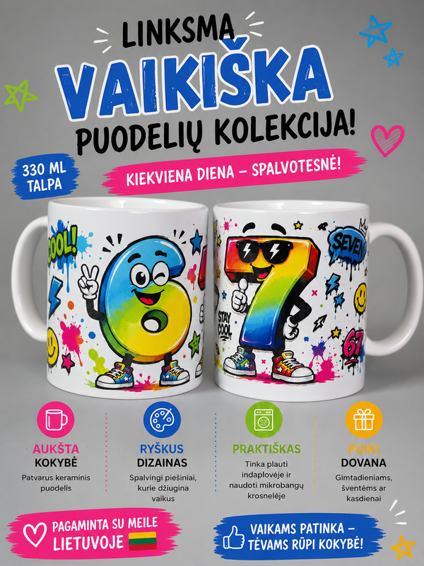 🌈 Personalizuotas vaikiškas puodelis su skaičiumi (330 ml)