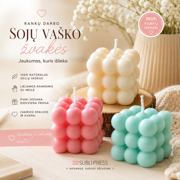 Bubble Cube – rankų darbo sojų vaško žvakė