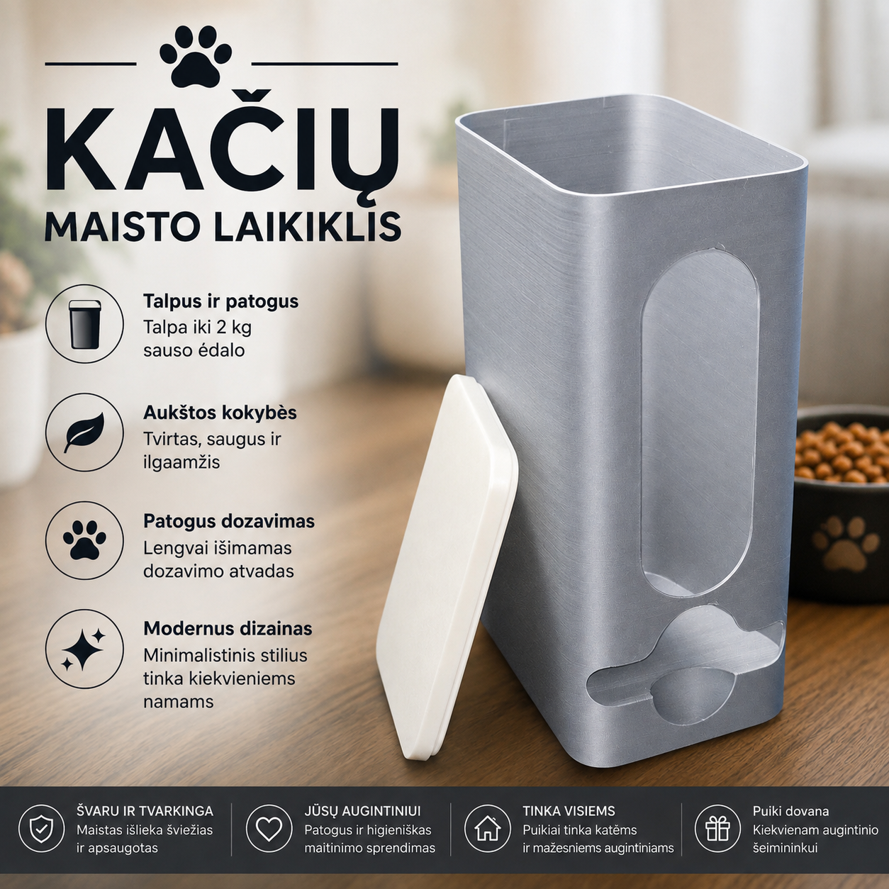 Kačių maisto laikiklis su dozatoriumi – iki 2 kg