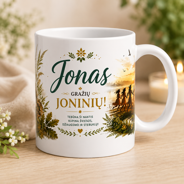 Personalizuotas Joninių puodelis su vardu ir šventiniu dizainu. Originali dovana Jonui Joninių proga.vadinimas