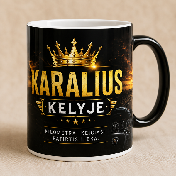 Puodelis vairuotojui „Karalius kelyje“ – originali dovana vairuotojui