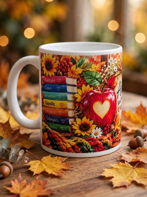„Ačiū, kad padedate augti“ – puodelis Mokytojai 330 ml 🍎📚🍂